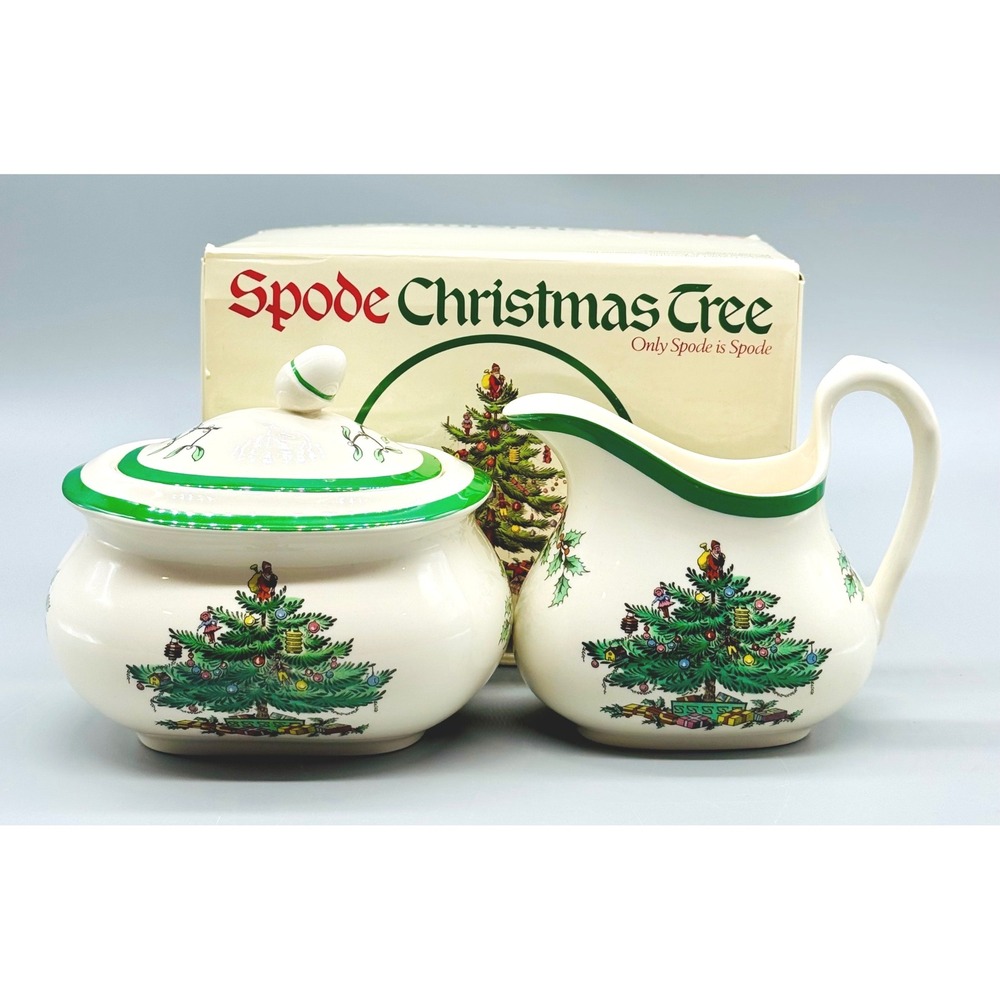 Spode Christmas Tree Creamer Lidded Sugar Bowl Set S3324 England Boxed